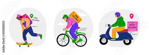 Delivery man riding bicycle, Scooter, Skateboard. Takeaway Food or Parcel delivery service concept. Set of three characters. Hand drawn square trendy Vector illustrations. Every Courier is isolated