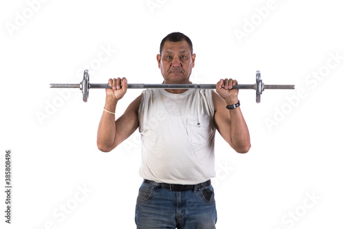 muscular strong old man with dumbbells on white background