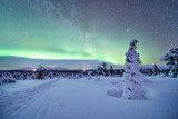 Northern lights over snow-covered landscape at dusk