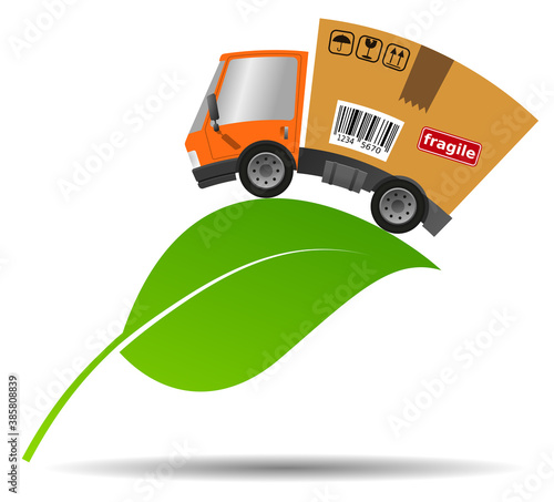 Delivery truck with cardboard box and leaf