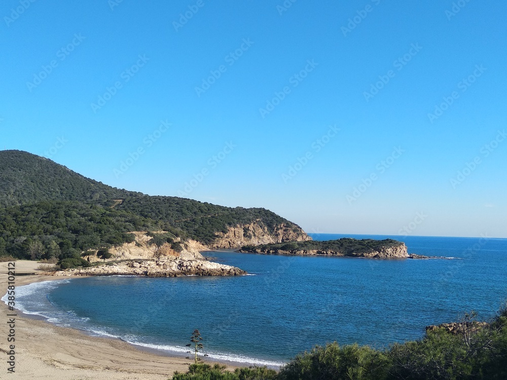 Fototapeta premium Mediterranean seascape, coastline and turquoise water from Chia tower in Sardinia, Italy 