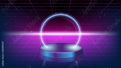 Abstract neon background with pedestal. 3d podium with blue neon circle