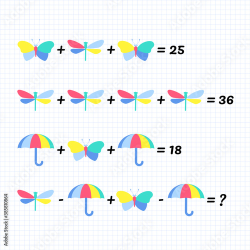 Mathematical Addition Subtraction Puzzle with butterfly, dragonfly, and umbrella. System of equations. Math game with pictures for children, middle level, education game for kids, preschool worksheet  photo