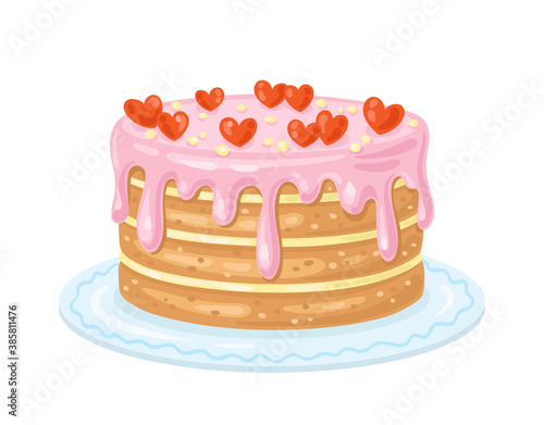 Big, beautifully decorated cake with hearts. In cartoon style. Isolated on white background. Vector illustration.