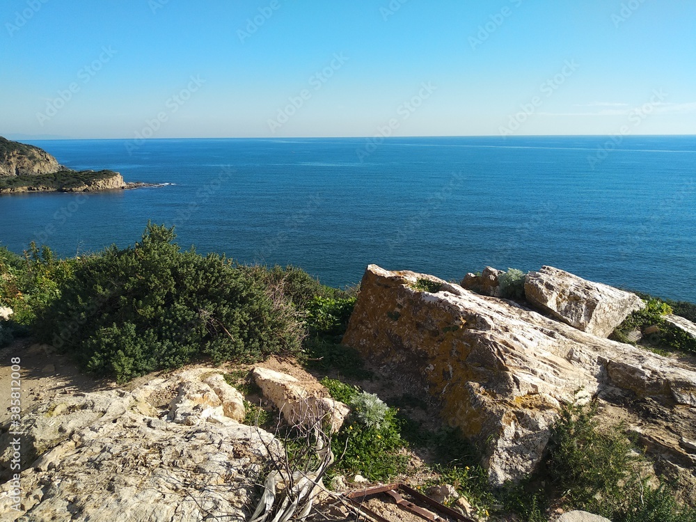 Peaceful mediterranean seascape from Chia tower's hill on a winter sunny day