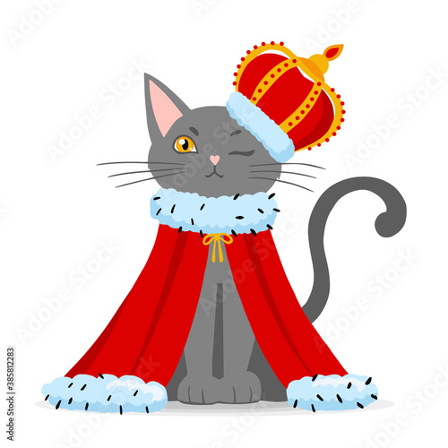 Cat king vector illustration. Cartoon kitten character with gold crown and royal red mantle. Isolated art for design concept.