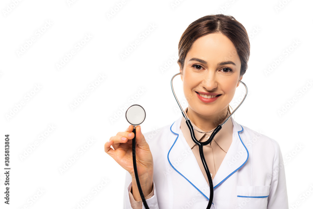 Doctor with stethoscope looking at camera isolated on white Doctor with stethoscope looking at camera isolated on white