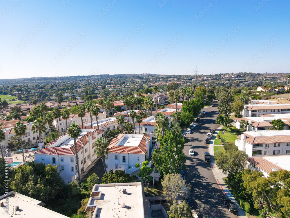 Aerial view of houses and condos in Carlsbad, North County San Diego, California, USA.