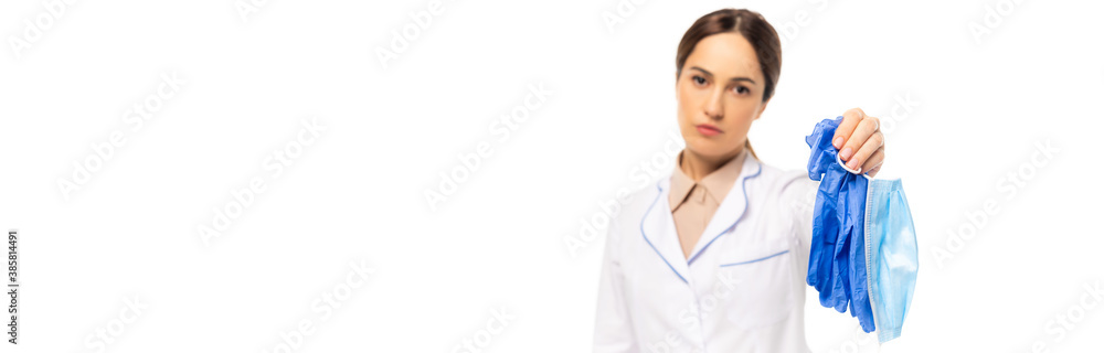 Website header of doctor showing medical mask and latex gloves isolated on white Website header of doctor showing medical mask and latex gloves isolated on white