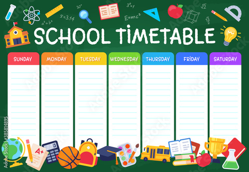 School timetable. Weekly planner schedule for students, pupils with days week and spaces for notes, school study organizer vector template. Illustration education planner, schedule and organizer