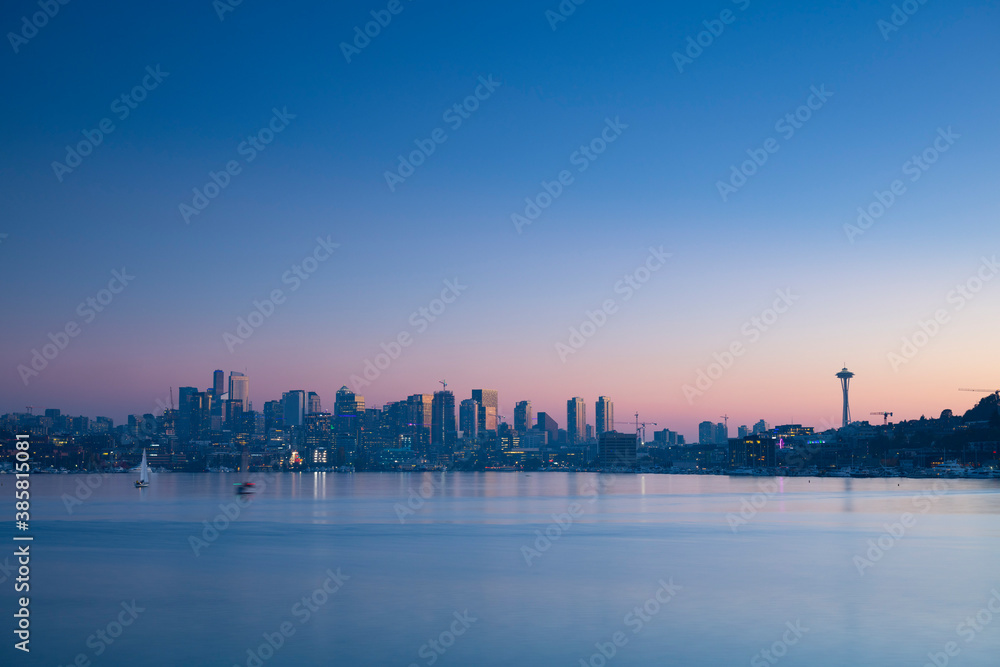 Scenic view of Seattle skyline during sunset Scenic view of Seattle skyline during sunset