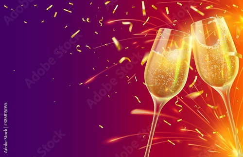 Happy new year with champagne glasses. Festive xmas banner with two wineglasses with sparkling wine and shining gold confetti vector concept. Illustration champagne celebration, christmas wine toast