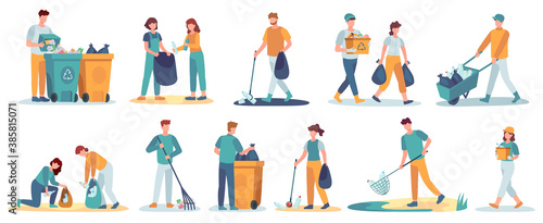 People clean up garbage. Volunteers gathering trash recycle. Characters cleaning environment litter. Waste collectors vector set. People collect trash and rubbish, cleaning environmental illustration