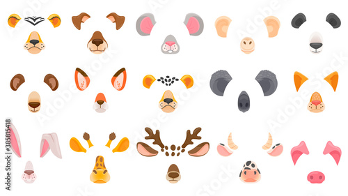 Animal face for video chat. Filter masks of animals. Fox, panda and koala, deer and bear, cheetah and tiger, dog and cat. Cartoon vector set animal mask, nose and ears illustration photo