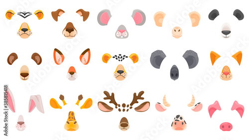 Animal face for video chat. Filter masks of animals. Fox, panda and koala, deer and bear, cheetah and tiger, dog and cat. Cartoon vector set animal mask, nose and ears illustration