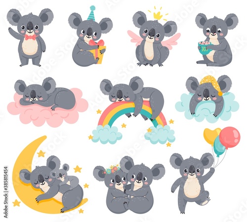 Cartoon birthday koalas. Lazy koala sleeping on cloud. Cute australian animals with balloons. Baby shower bear. Kids room decor vector set. Illustration baby lazy koala, bear on cloud with rainbow