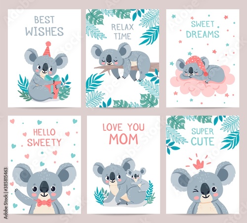 Koala posters cards. Prints with cute sleeping koalas. Australian baby bear hugs mother. Party invitation with jungle animal, vector set. Illustration card invitation party, lazy koala exotic animal