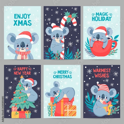 Koala christmas. Happy animals with gift boxes. Cute merry christmas cards with koalas. Little australian bear in winter holiday vector set. Illustration cartoon koala postcard, holiday xmas card