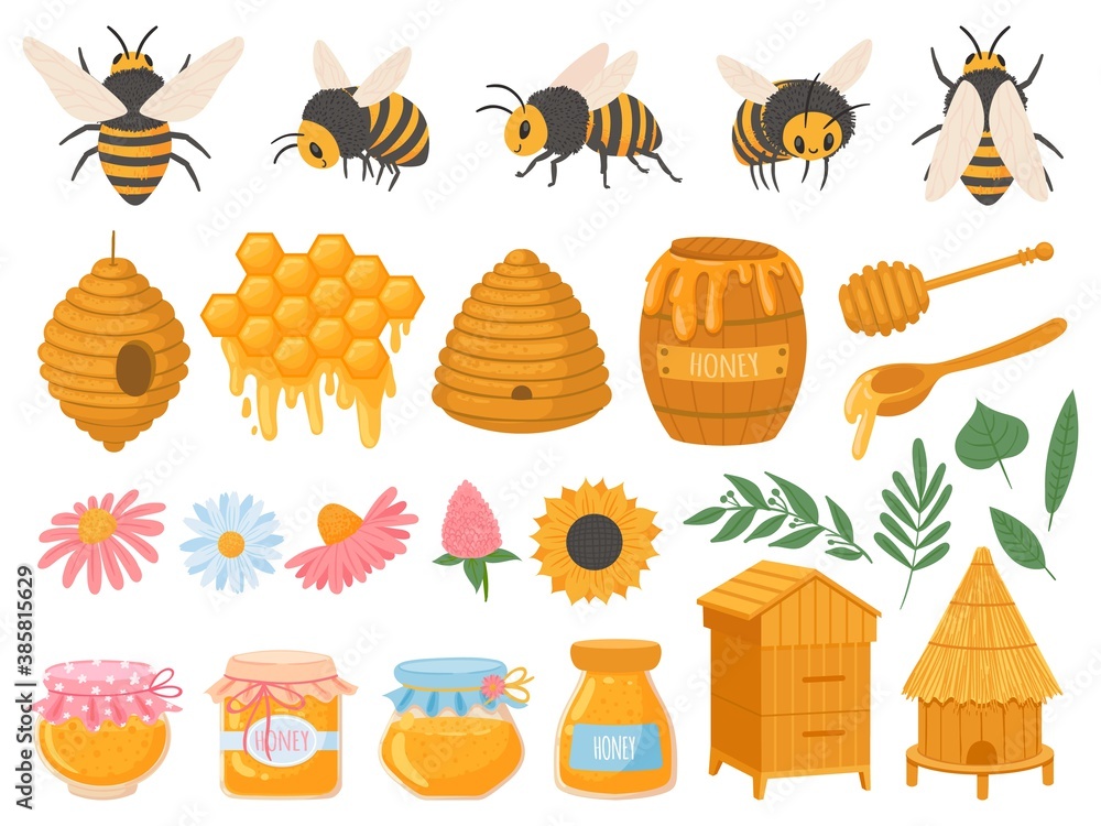 Beekeeping. Apiculture products various honey in glass jars. Honeycomb, beeswax, beehive, flowers and bees organic food vector set. Illustration honey and beekeeping, bee and sweet organic Beekeeping. Apiculture products various honey in glass jars. Honeycomb, beeswax, beehive, flowers and bees organic food vector set. Illustration honey and beekeeping, bee and sweet organic
