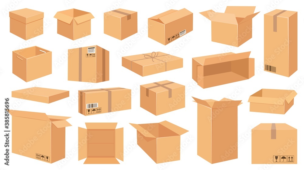 Cardboard boxes. Cartoon brown carton package. Open and closed delivery rectangle box with fragile signs. Vector shipping and packing set. Cardboard box, cube cartboard storage for distribution Cardboard boxes. Cartoon brown carton package. Open and closed delivery rectangle box with fragile signs. Vector shipping and packing set. Cardboard box, cube cartboard storage for distribution
