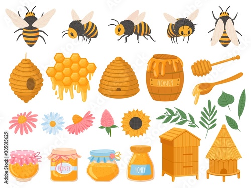 Beekeeping. Apiculture products various honey in glass jars. Honeycomb, beeswax, beehive, flowers and bees organic food vector set. Illustration honey and beekeeping, bee and sweet organic
