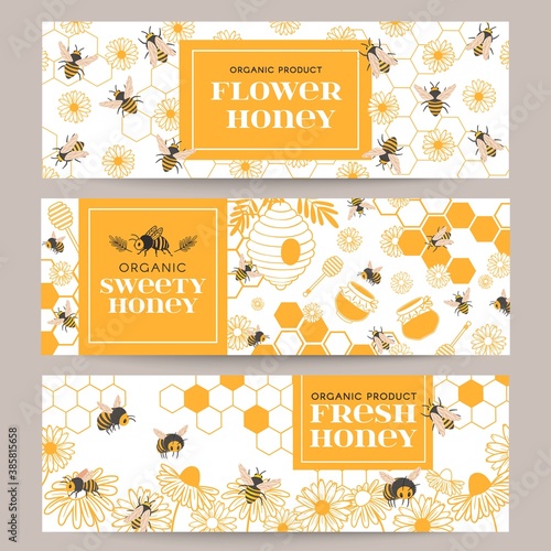 Honey banners. Business promote flyer with various beekeeping products, honeycomb and honey in jars, beeswax, bees and flowers, vector set. Illustration honey bee and beekeeping card