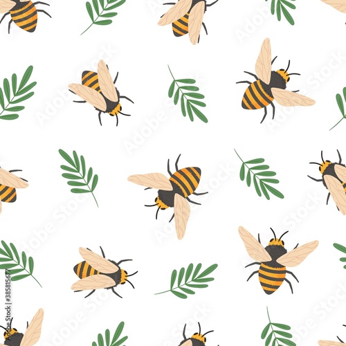 Bee pattern. Cute flying bees insects kids wallpaper or honey wrapping paper seamless vector doodle texture. Illustration bee insect flying pattern © Tartila