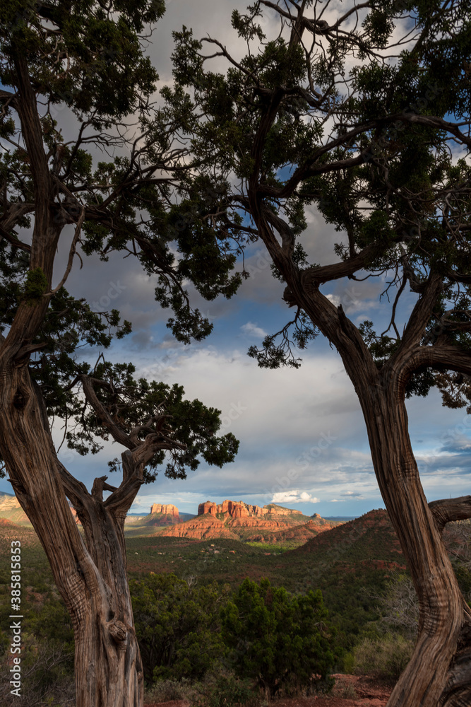 View of Cathedral Rock against cloudy sky View of Cathedral Rock against cloudy sky