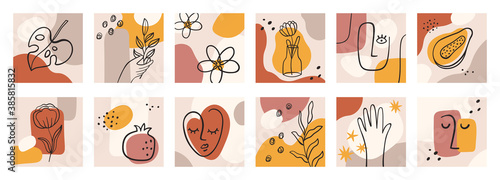 Modern abstract portrait. Simple faces and blob shapes. People contour portraits in minimalist line style. Trendy doodle posters, vector set. Illustration contemporary continuous minimalist image