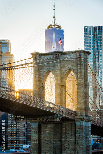 View of Brooklyn Bridge in city