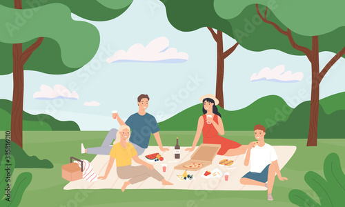Friends at picnic. Happy young men and women having lunch together outdoor, rest to nature summer vacation cartoon vector illustration. Summer picnic and recreation, happy young together rest © Tartila