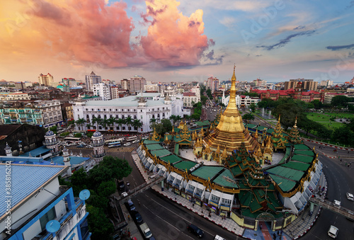 View of Sule Pagoda and Yangon City Hall during sunset