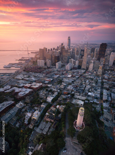 Aerial view of San Francisco cityscape during sunrise