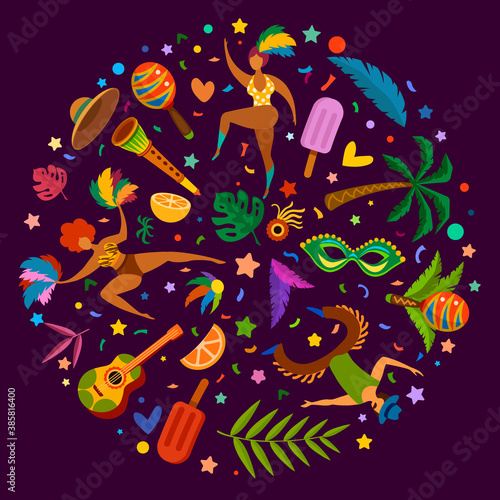 Rio carnival. Brazilian dance festival poster with masquerade elements, musical instruments, masks and feathers, confetti. Vector flyer carnival party badge, celebration entertainment illustration
