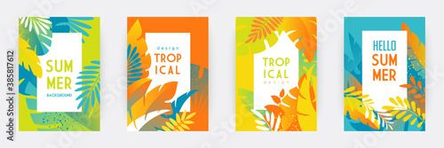 Tropical themed banners set. Creative compositions of colorful palm leaves and branches. Floral geometric design template for posters, covers, social media stories. Flat style vector illustration photo