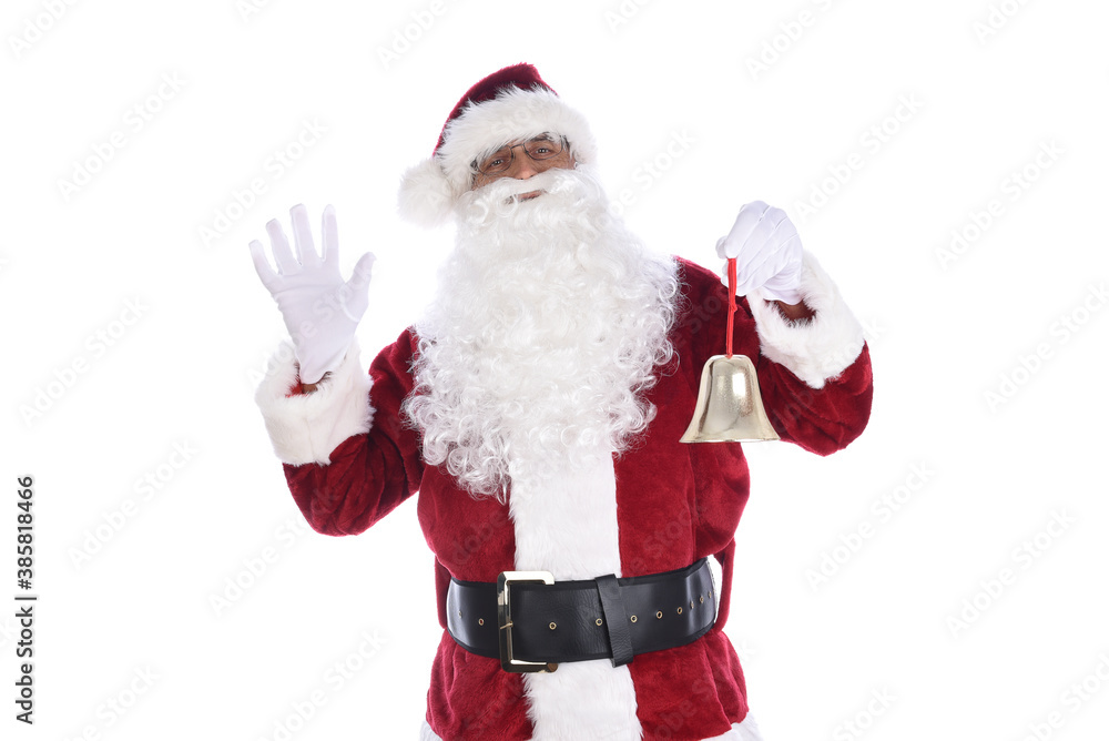 Senior man in traditional Santa Claus costume holding a gold bell ornament in one hand and waving with the other. Isolated on white. Senior man in traditional Santa Claus costume holding a gold bell ornament in one hand and waving with the other. Isolated on white.