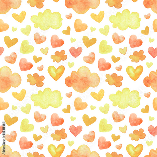 Watercolor pattern with autumn clouds and hearts in the color of the leaves. Seamless background fall elements