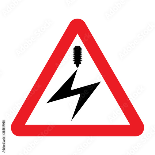 Electrified overhead cable ahead road sign. Vector illustration of red triangular traffic warning sign with lightning and electric power icon inside. Caution low electric cables Risk of electric shock