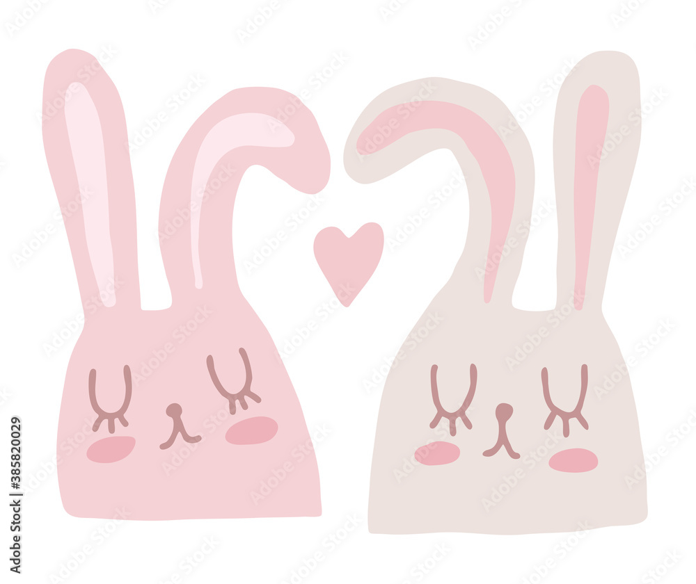 Cute Love Bunnies Vector Illustration.  Infantile Style Hand Drawn Pink and Beige Rabbits Isolated on a White Background. Lovely Valentine's Day Print ideal for Wall Art, Card, Decoration.