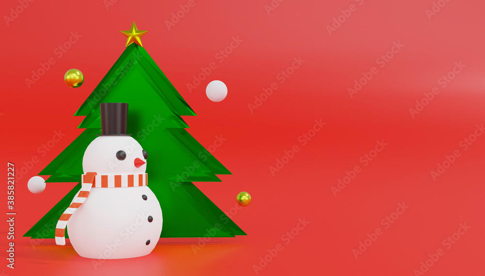3d rendering snowman and green glass Christmas tree. Merry christmas and happy new year.