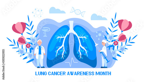 Lung cancer awareness month concept vector. Pulmonary fibrosis, tuberculosis illustration for website, app, banner. Tiny doctors treat.