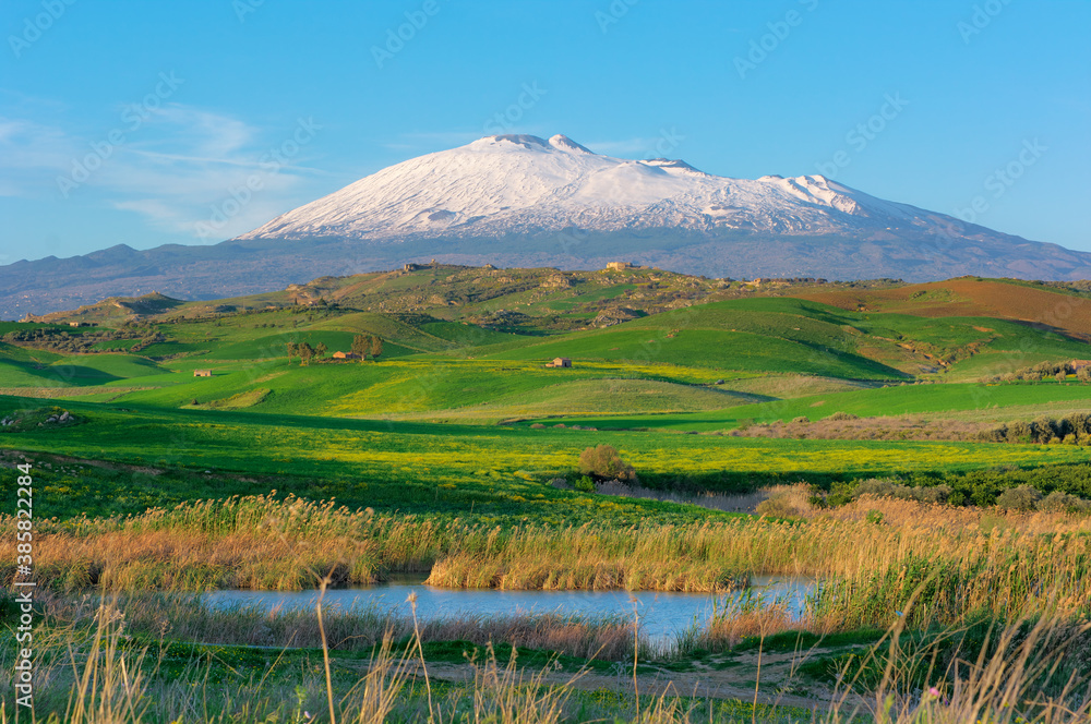 Hill Grass Land Landscape In Sicily On Background Etna Mount A Natural Landmark Of Unesco (view From The Southern Side) - obrazy, fototapety, plakaty 