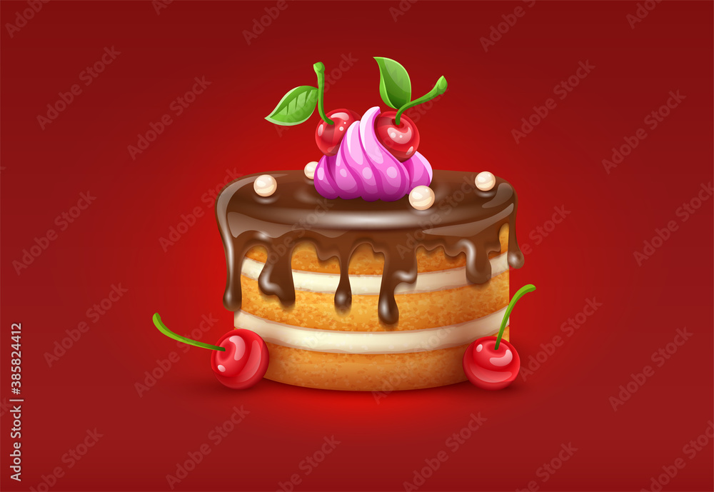 Birthday cake with chocolate creme and red cherries fruits. Sweet dessert food for holiday celebration or children party. Banner or greeting card design on red background. Illustration. Birthday cake with chocolate creme and red cherries fruits. Sweet dessert food for holiday celebration or children party. Banner or greeting card design on red background. Illustration.