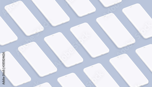 Isometric smartphone mockup for presentation your application screens. Clay 3d mobile device set grid on the desk, user interface template, white phone demo kit with shadow, vector illustration.