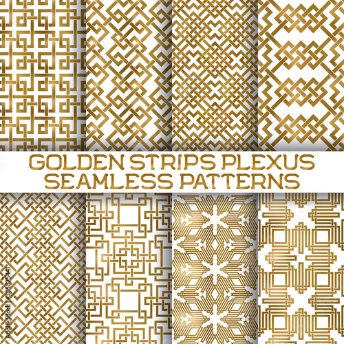 Set of gold plexus stripes seamless patterns tiles. Golden aquarelle repeatable backgrounds of intertwined bands.