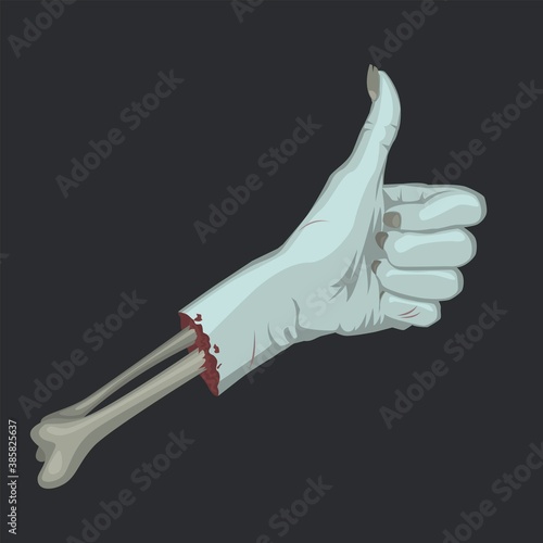 Zombie hand with thumb up gesture and bone sticking out
