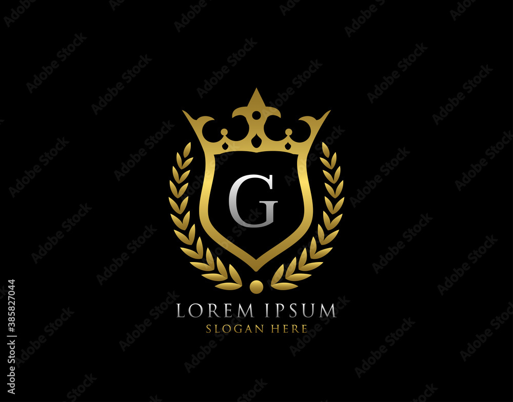 Luxury Monogram G Letter Logo. Classic Gold King Crown badge design for Royalty, Letter Stamp, Boutique,  Hotel, Heraldic, Jewelry, Wedding.