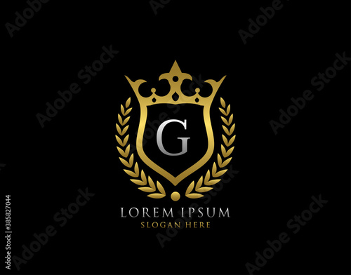 Luxury Monogram G Letter Logo. Classic Gold King Crown badge design for Royalty, Letter Stamp, Boutique,  Hotel, Heraldic, Jewelry, Wedding.