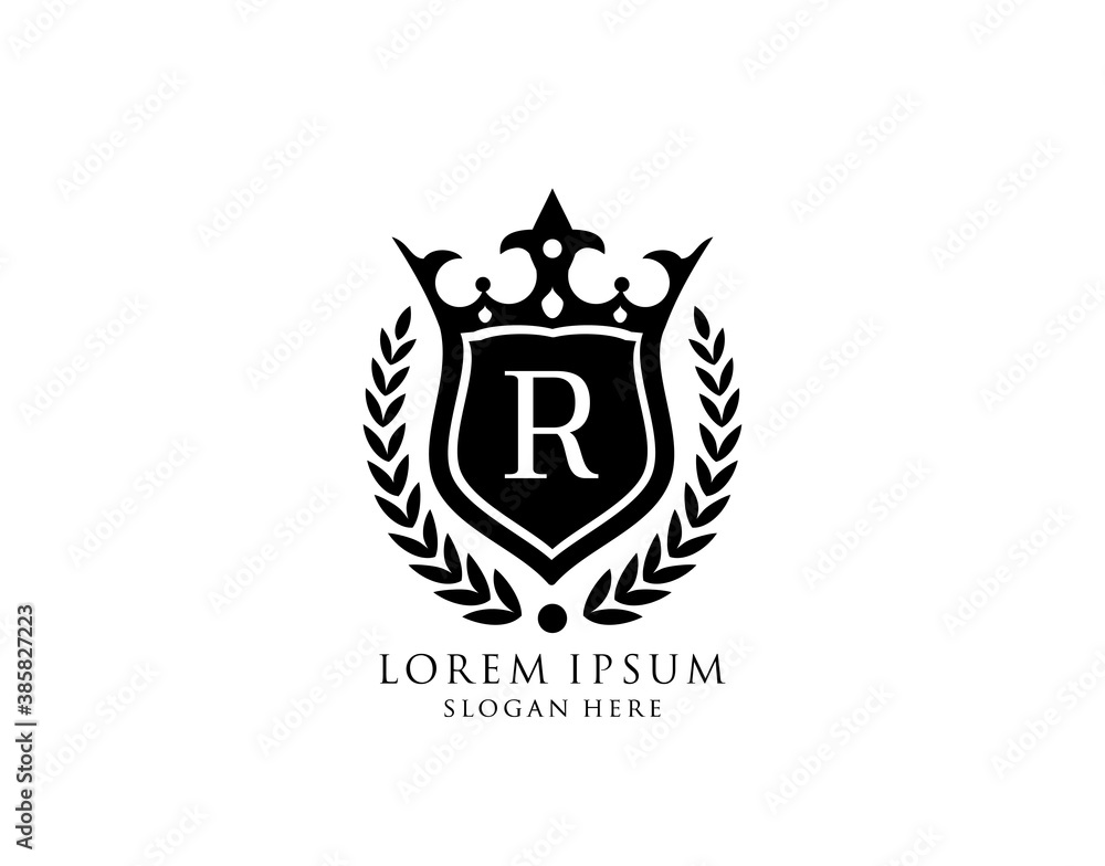 Fototapeta premium Luxury Monogram R Letter Logo. Vintage King Crown badge design for Royalty, Letter Stamp, Boutique, Hotel, Heraldic, Jewelry, Wedding.
