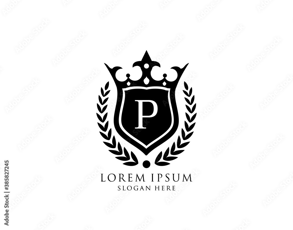 Obraz premium Luxury Monogram P Letter Logo. Vintage King Crown badge design for Royalty, Letter Stamp, Boutique, Hotel, Heraldic, Jewelry, Wedding.